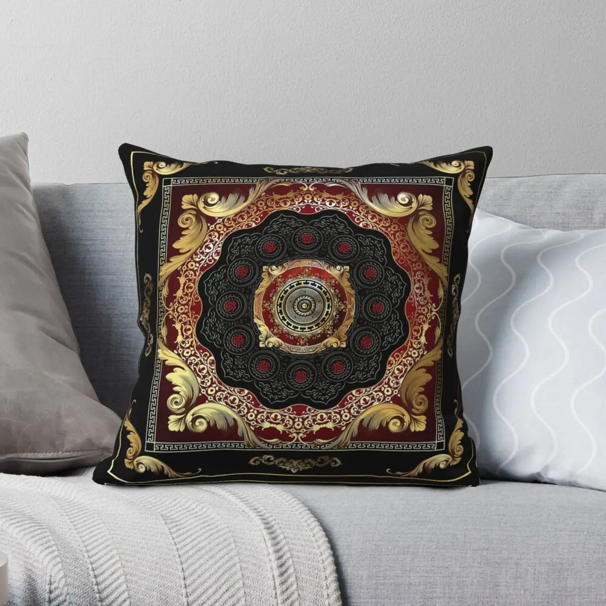 Filigree Red Black Gold Square Pillowcase Polyester Linen Velvet Printed Zip Decorative Throw Pillow Case Car Cushion Cover