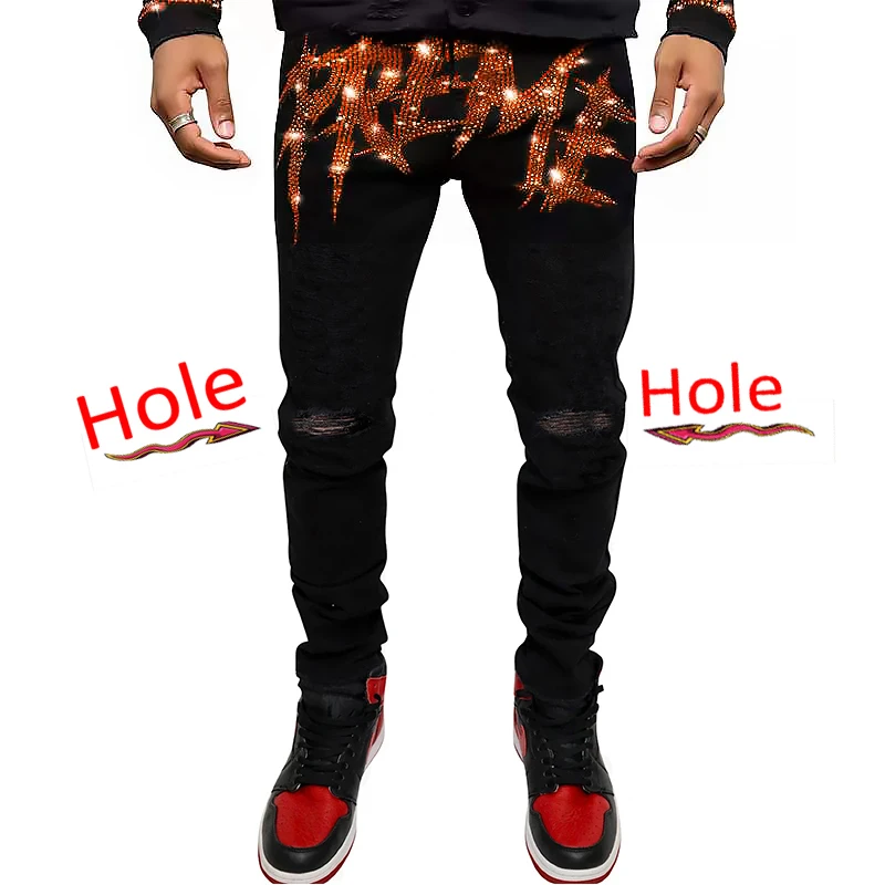Pantalones pitillo elásticos rasgados para hombre, vaqueros negros ajustados con agujeros, ropa de calle con letras de diamantes de imitación de