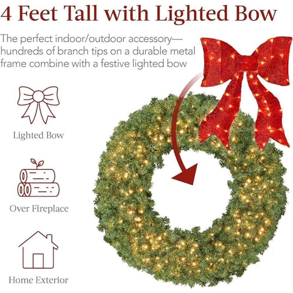 48in Large Artificial Pre-Lit Fir Christmas Wreath Holiday Accent Decoration for Door, Mantel w/Red Lighted Bow, 250 LED Lights