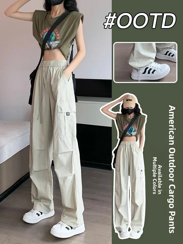 

High Waist Cargo Pants Women's Spring Summer Qui Dry Loose Leggings American Sle Cotton Casual Trousers for Hiking