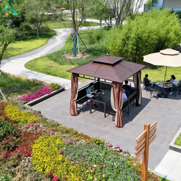 ANCSEM  Luxury Geometric Carbon Steel Gazebo All Weather Hardtop With Netting for Patio Shade and Rain Protection