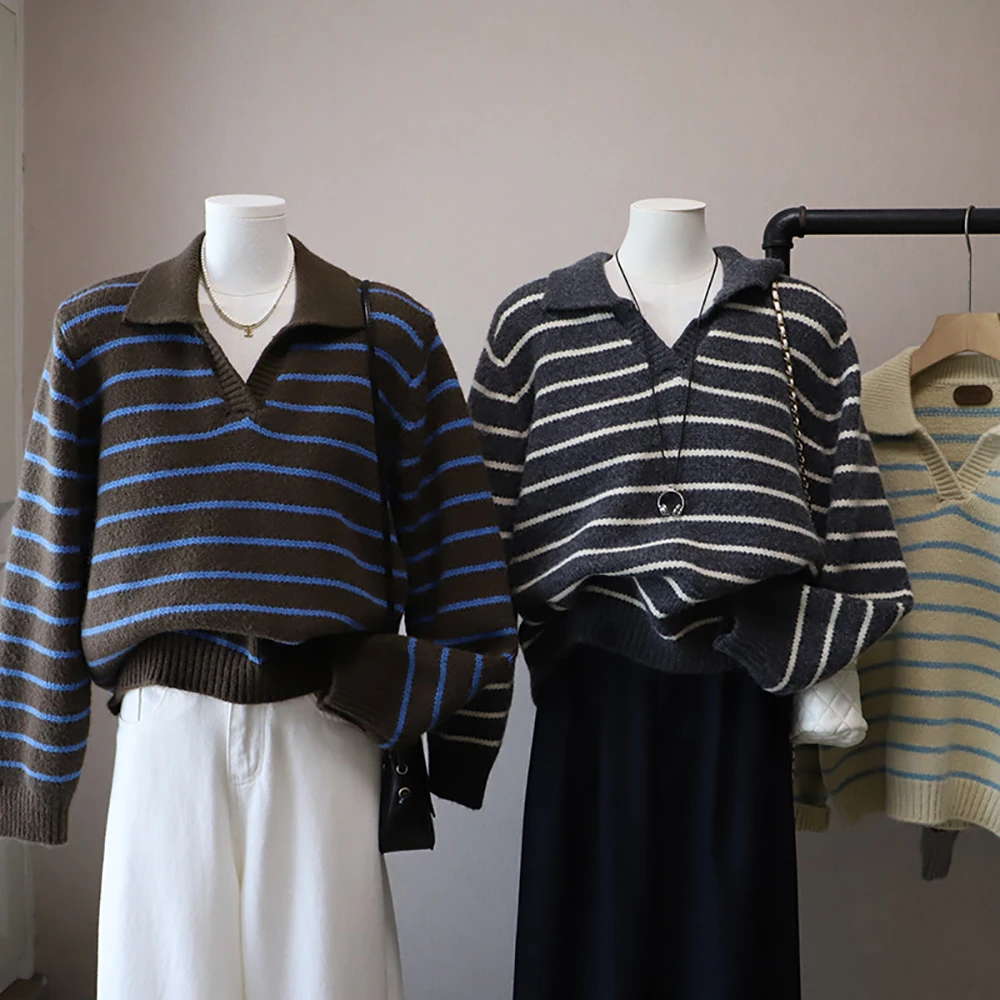 

Autumn Winter Retro Striped Pullover Sweaters Women Contrast Color Polo Collar All-Match Loose Sweater Knitted Warm Commute Tops