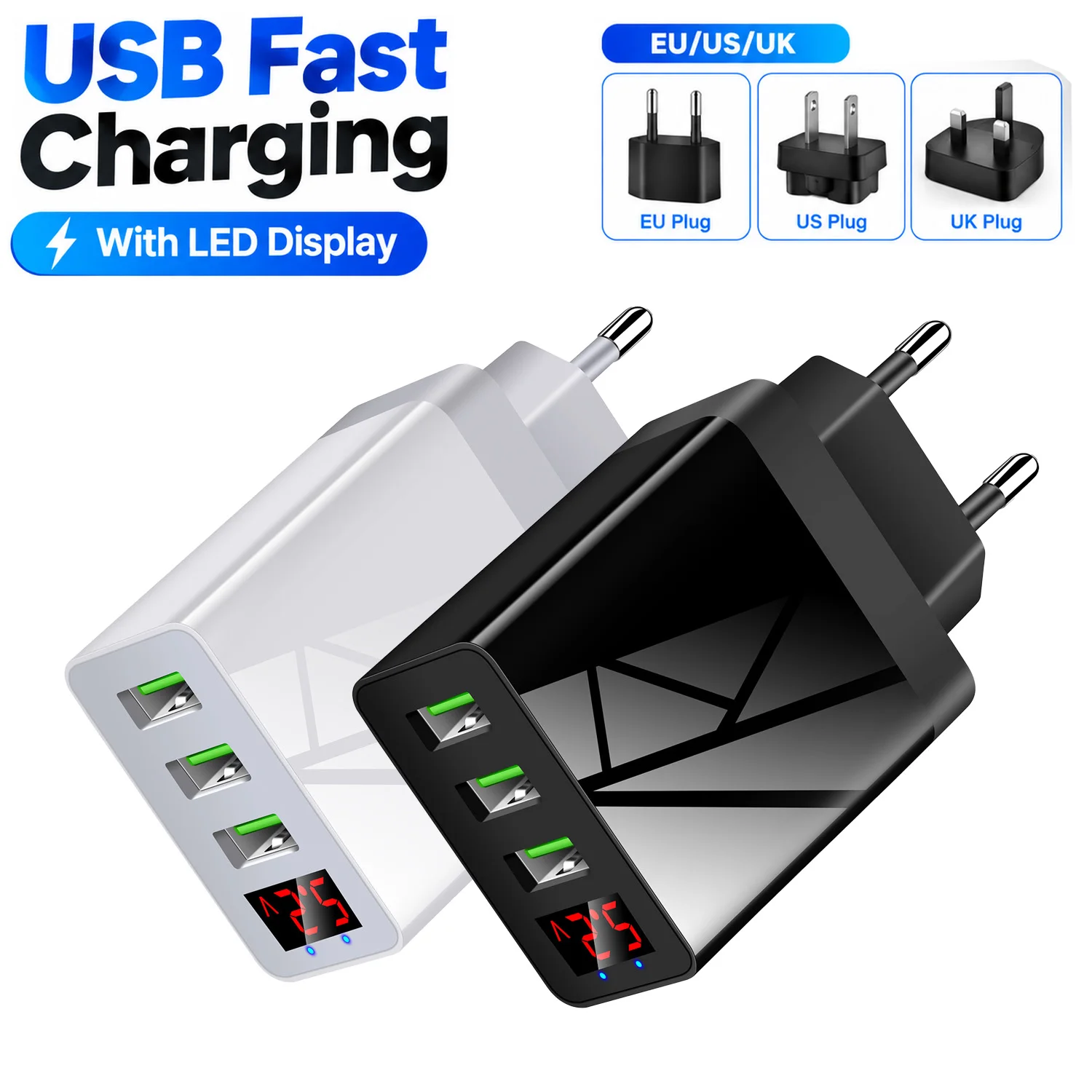 USB Charger 3 Ports Fast Charging Phone Adapter With LED Display For iPhone Samsung Xiaomi Huawei EU/US/UK Plug Wall Charger