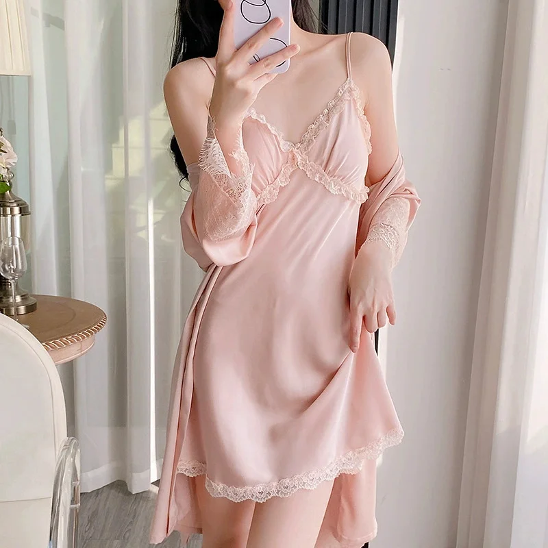 

Summer Twinset Robe Set Sexy Lace Patchwork Nightgown Bathrobe Suit Satin Sleepwear Intimate Lingerie Home Clothes Loungewear