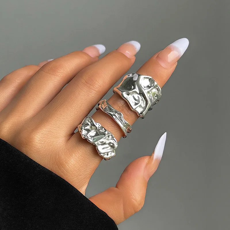 3Pcs Fashion Irregular Pleated Open Ring for Women Men 2024 Punk Liquid Metal Style Finger Y2K Accessories Vintage Jewelry