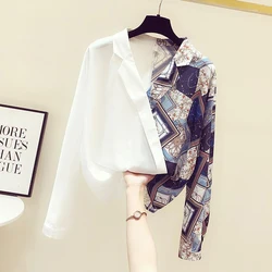 Office Lady's All-Match Tintage top Women's Casual Elegant V-Neck Chiffon Long Sleeved Retro Print Irregular Shirts And Blouses