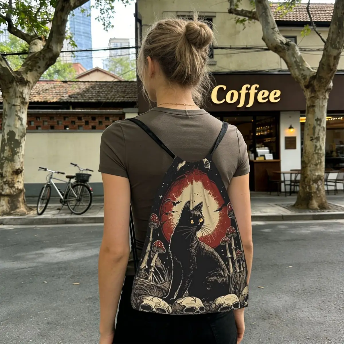 Gothic Black Cat Stand On Skull Backpacks Portable Drawstring Bundle Pocket Sports Bag Book Bags for Man Woman School
