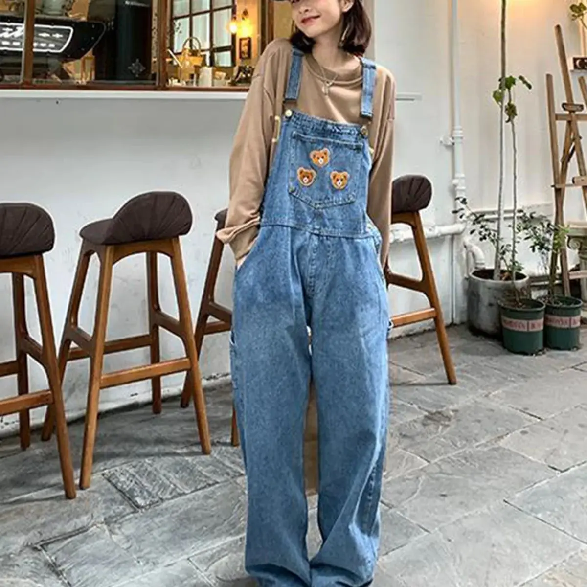 Braces Trousers Cartoon Bear High Waist 2024 Women Y2K New Baggy Overalls Female Vintage Loose Straight Wide-Leg Braces Trousers