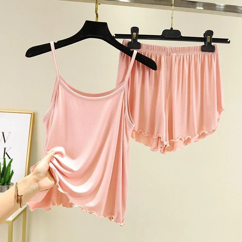 

Женские летние майки на бретельках с открытыми плечами, модные свободные простые трендовые пижамные комплекты, темпераментные шорты, милый молодой стиль