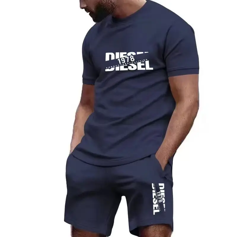 2026 new summer men's T-shirt+shorts set printed fashionable casual round neck pullover quick  breathable running sports shorts