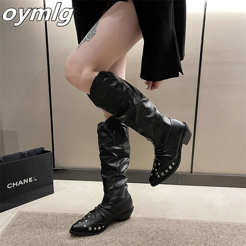 

Autumn 2023 New Vintage Pointed Western Boots with Riveted Trouser Sleeve Fashion Versatile Thick Heel Large Boots for Women