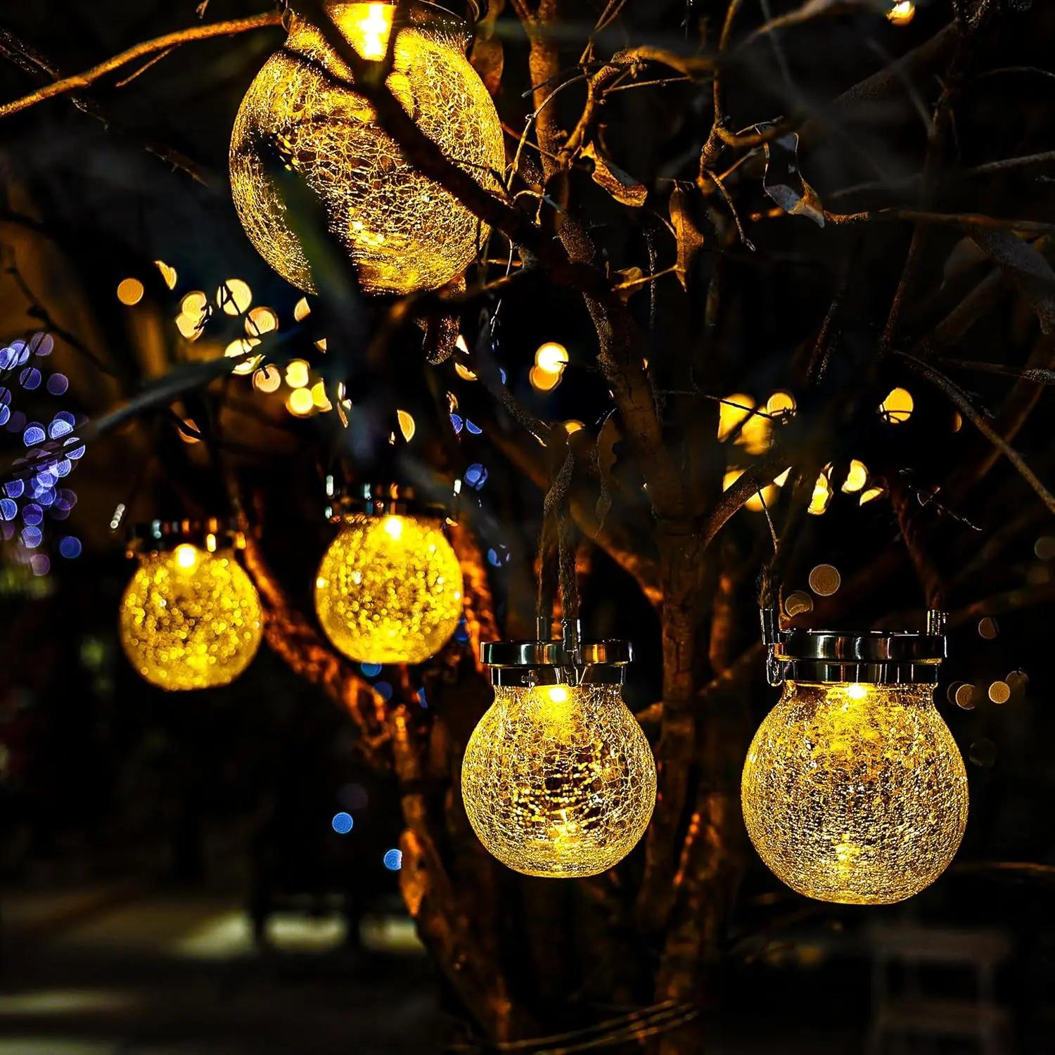 Paquete de 2 linternas solares de vidrio craquelado pesado con panel solar grande, luz de mesa impermeable para exteriores, LED blanco cálido, Chris de jardín
