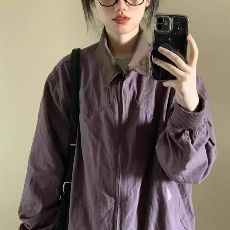 

Early Autumn Baseball Jacket Women's Spring Autumn 2025 New Small Flip Collar Lazy Couple Style Hong Kong Workwear Coat