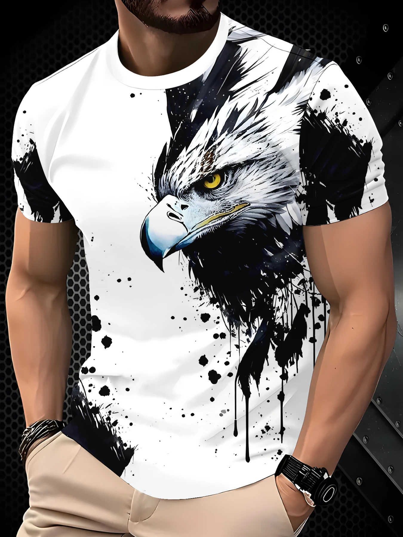 Casual Men Abstract Ink Splash Eagle Graphic Printed Short Sleeve Top