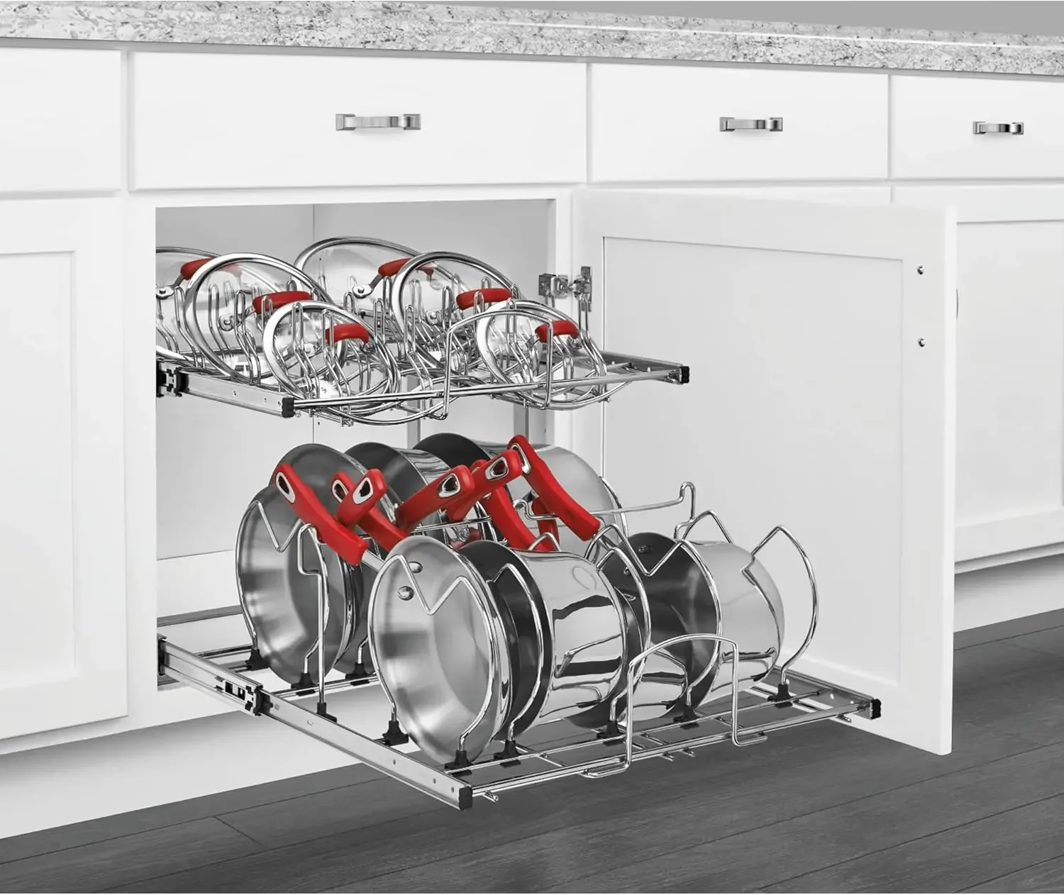 خزانة مطبخ بطبقتين قابلة للسحب مقاس 21 بوصة منظم خزانة للأواني والمقالي وأدوات المطابخ ذات الغطاء، سلك عالي التحمل قابل للتعديل #2