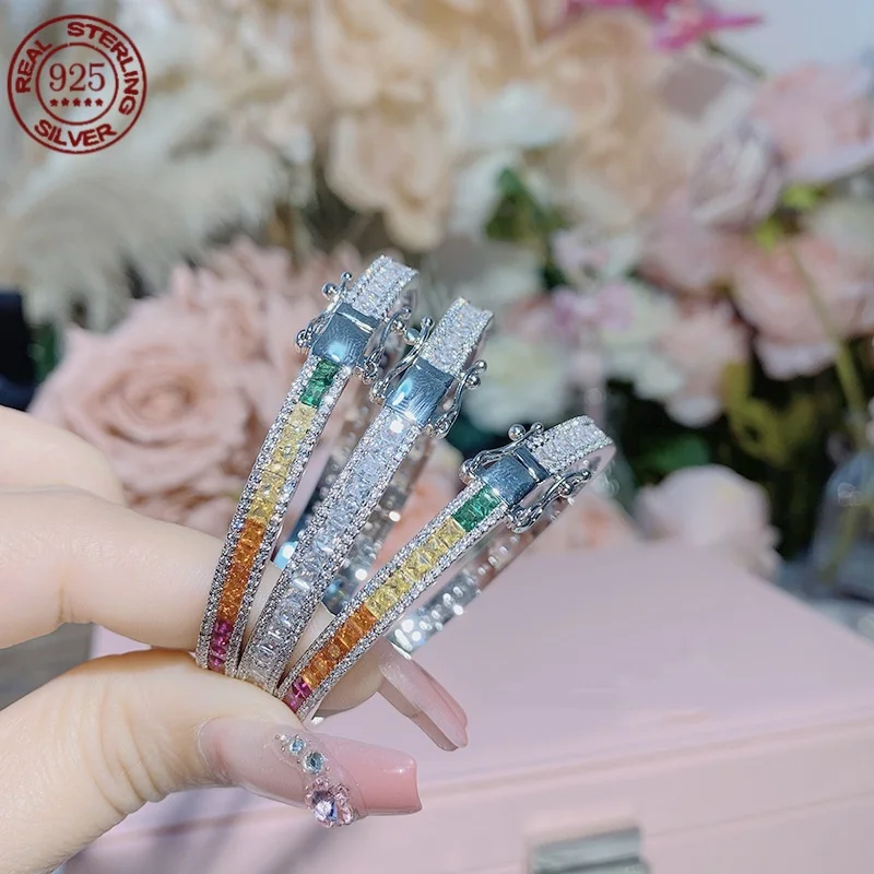 S925 Silver plated 18-karat gold colorful bracelet light luxury color zircon super flash for men and women personality jewelry