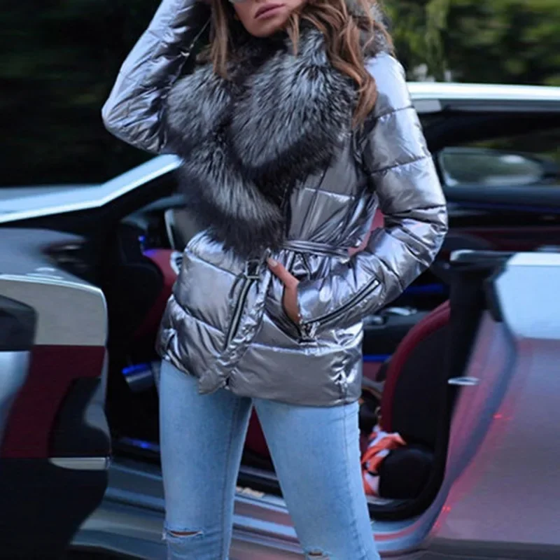 Winter New Glossy Big Fur Collar Short Long-sleeved Cotton-padded Down Cotton-padded Jacket