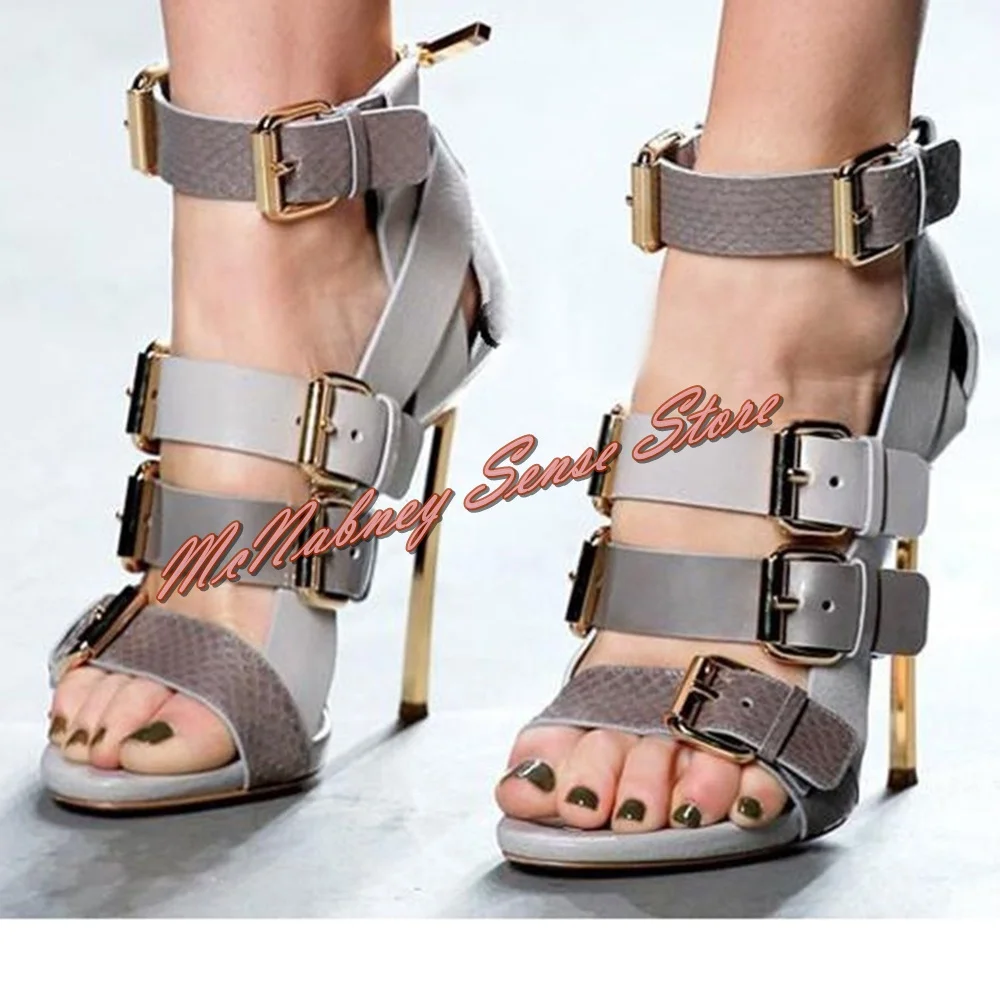 

Hollow Buckle Strap Sandals Leather Open Toe Ankle Shoes Metallic Thin High Heels Fretwork Dress Outfit Women Summer Sandals