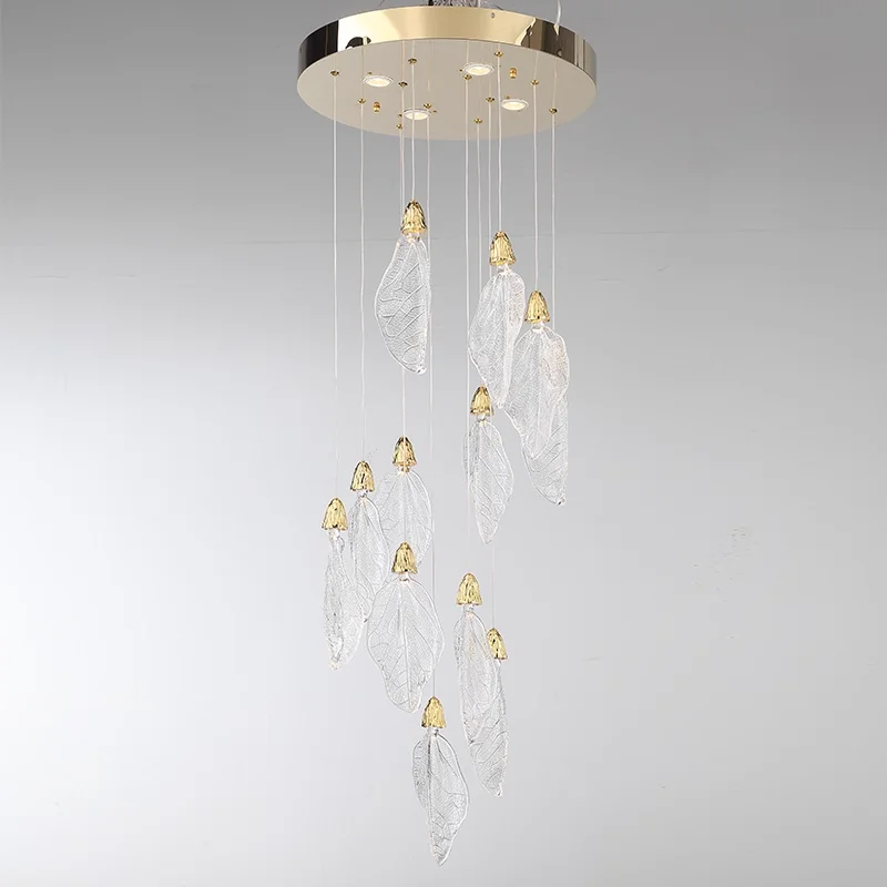 

Modern Clear Acrylic Leaf Design LED Chandelier Light for Staircase and Living Room Home Decor Hanging Ceiling Fixture