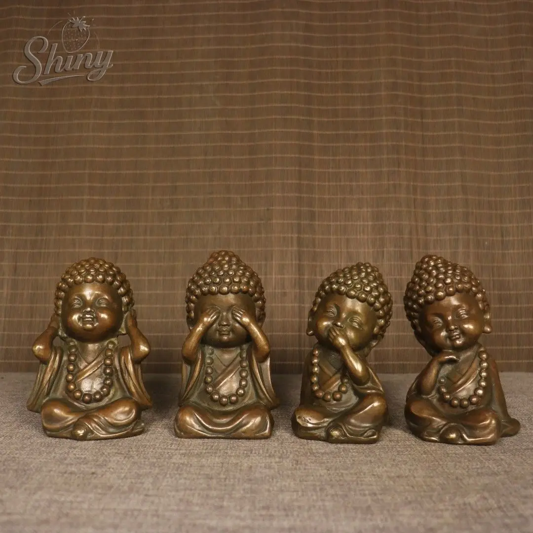 

4 шт., винтажная фигурка монаха из твердой латуни, маленький монах в стиле Zen, украшение для рабочего стола, декоративная деталь, креативный подарок