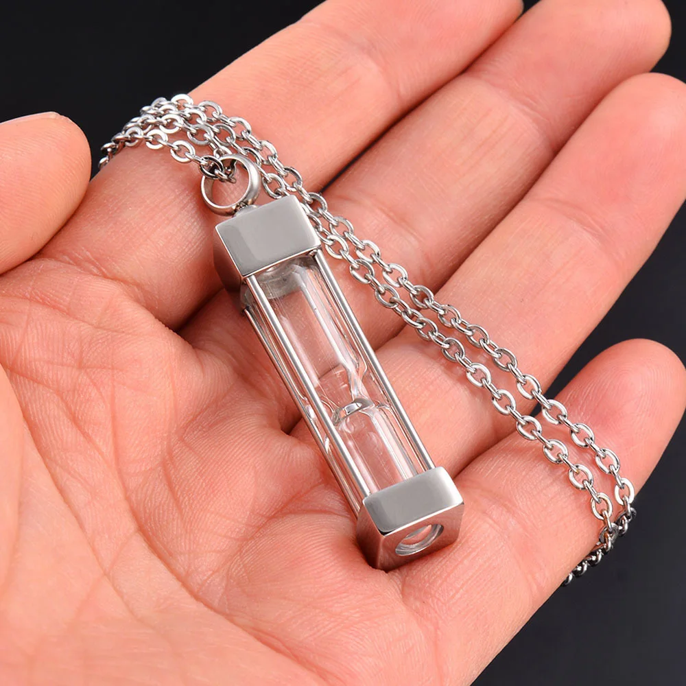 Timeless Unisex Stainless Steel Hourglass Pendant Necklace -Durable, Hypoallergenic, Casual Accessory-Memorial Keepsakewith Glas