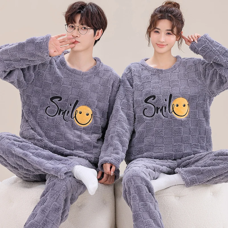 Newest M-4XL Couple Pajama Set Winter Women and Men Warm Sleepwear Thick Flannel Pyjamas