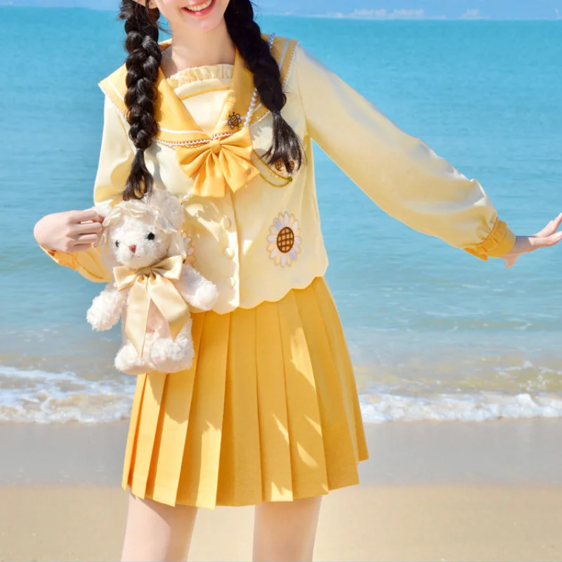 2024 New Japanese JK Uniform Original Preppy Style Sailor Outfits Autumn Yellow Color Long Sleeve Top Pleated Skirt Set For Girl