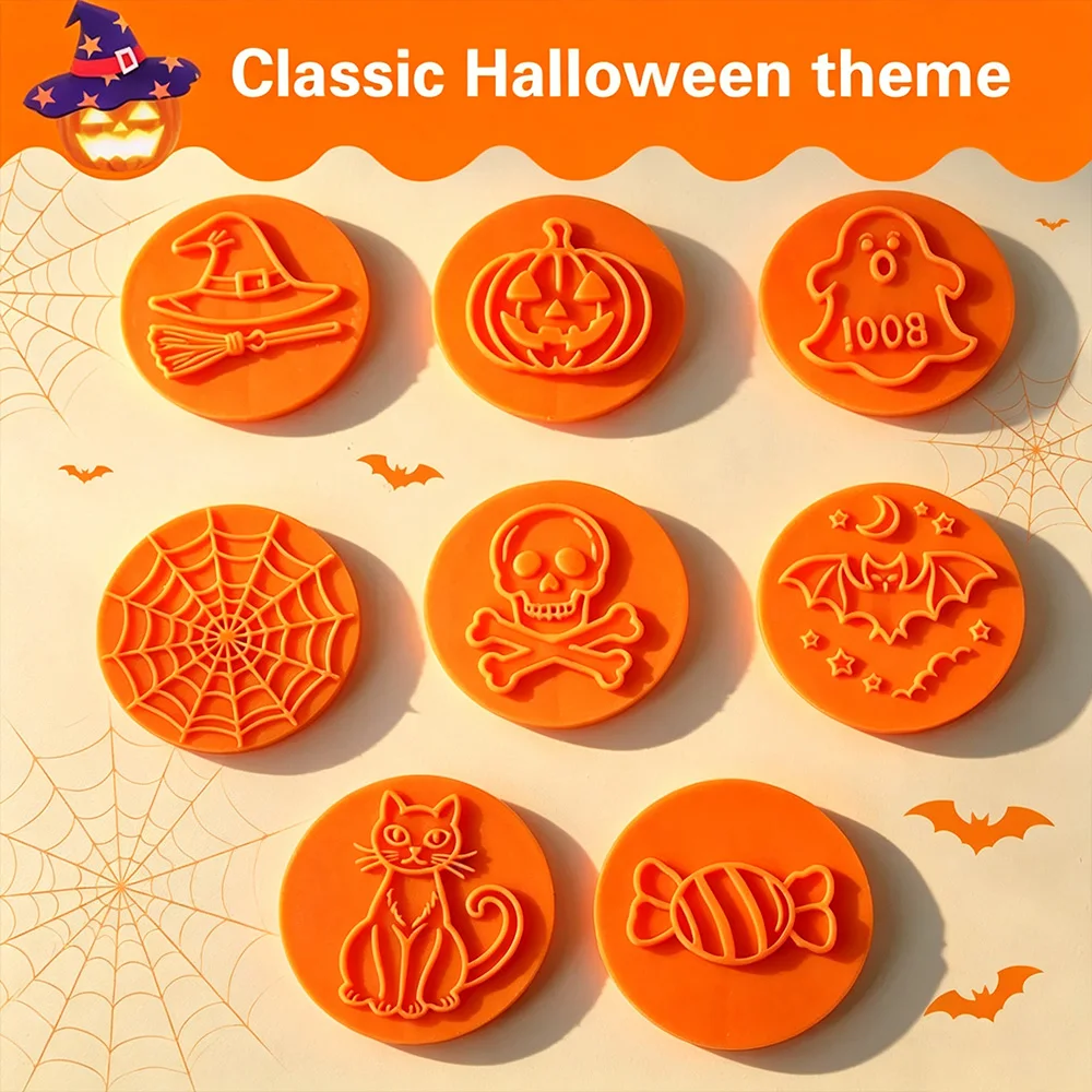 Spooky Halloween Magnetic Cookie Stamp Cutters 8 Pack 3D Embossing Press Molds DIY Festival Pastry Fondant Making Decorating Too