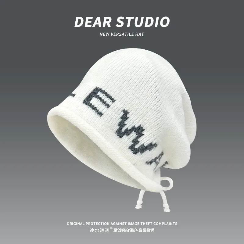 

Korean Version of Fashion Letter Jacquard Knitted Beanies for Women Autumn and Winter Casual Warm Retro Drawstring Pullover Hat