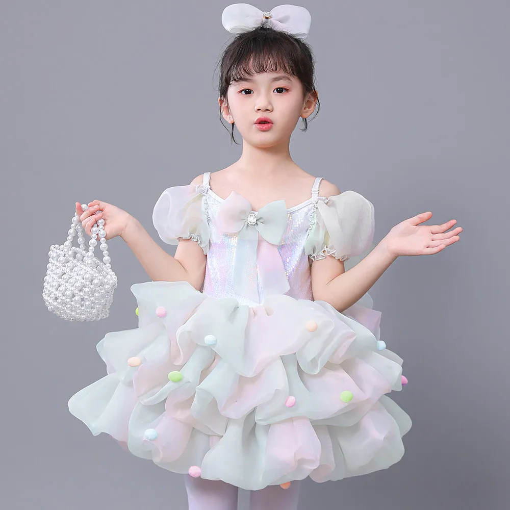 2026 Summer New Dress Puff Sleeve Tulle Tutu Ballgown Fluffy Layered Skirt For Stage Hosting Dance And Holiday Party Events Wear