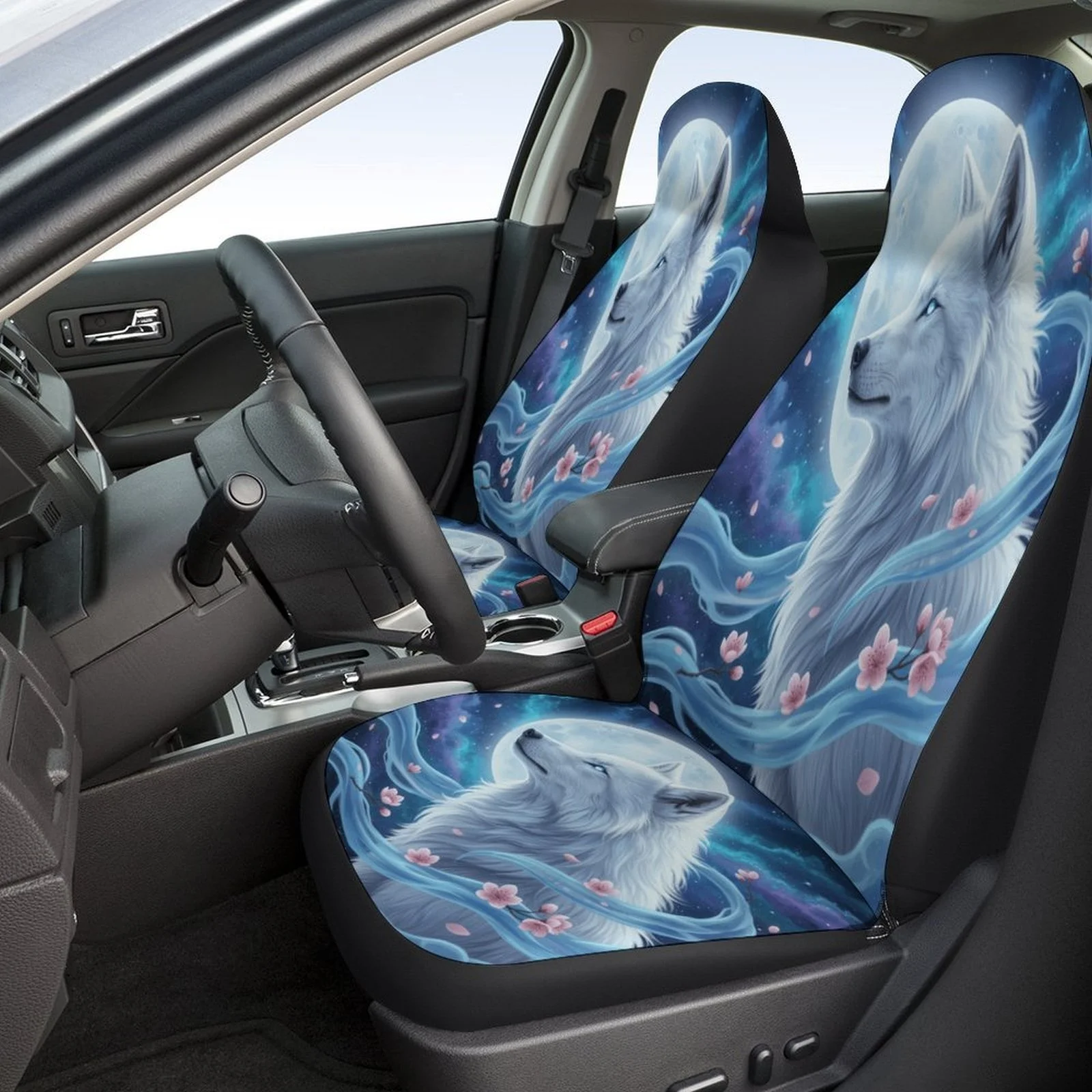 Moonlit Wolf Bloom Themed Car Seat Cover Set - Trendy High-Quality Polyester Full Set For 2 Front & Rear Seats, Universal Fit Fo