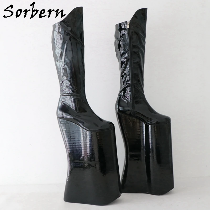 Sorbern Knee Drag Queen 40cm Wedge Boot Women Patent Black Punitive Shoes Zip Up Thick Platform Crossdreser Boots Custom