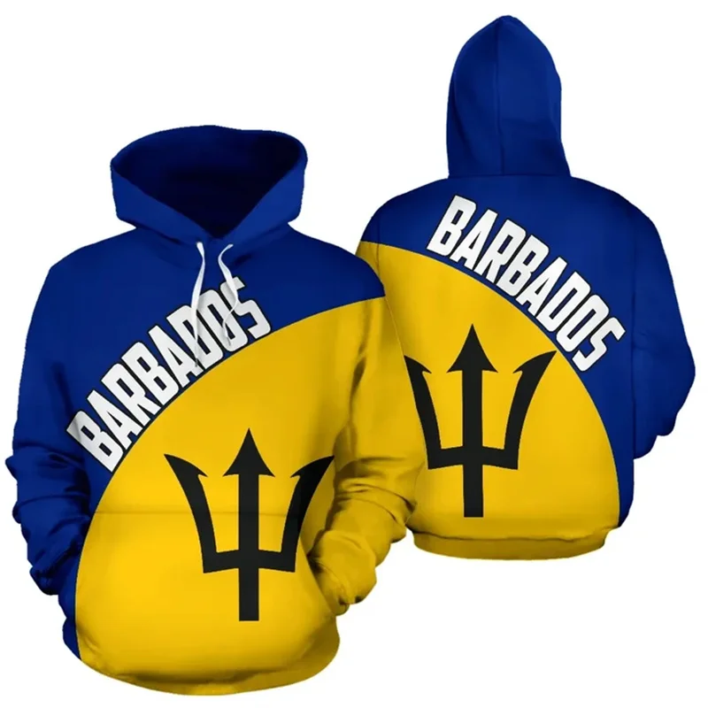 3D Prinitng Barbados National Flag Hoodies Barbados Coat Of Arms Emblem Graphic Hooded Sweatshirts Vintage Mens Pullovers Hoodie