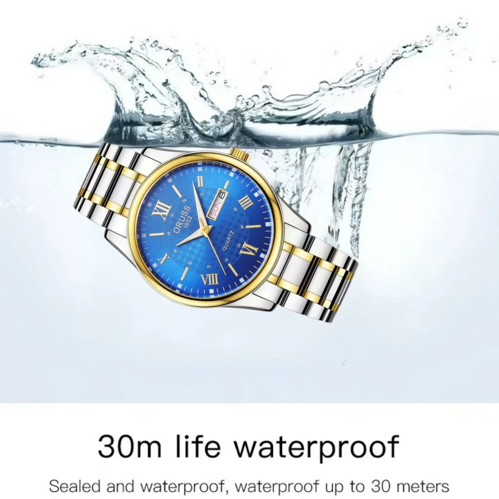 ORUSS الأصلي الرجال الفولاذ المقاوم للصدأ التقويم المزدوج مقاوم للماء مضيئة ساعة ذهبية فاخرة موضة كوارتز ساعة اليد الذكور وصول جديد