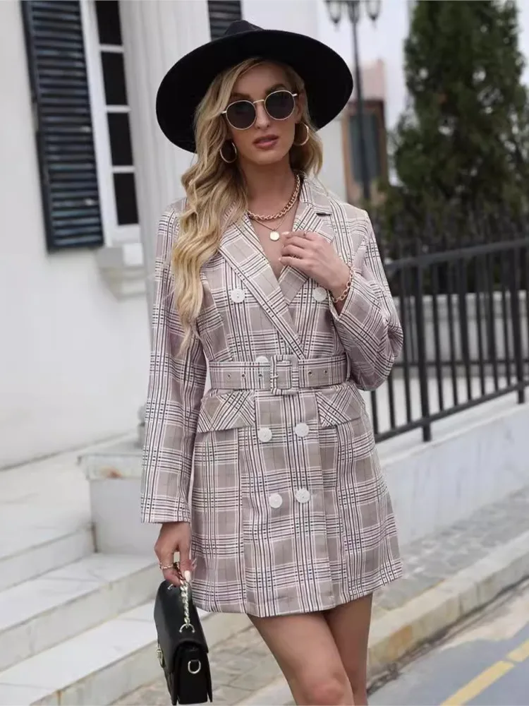 

Autumn Winter Women's New Fashionable Checkered Printed Sexy V-neck Suit With Double Row Buttons Casual Comfortable Short Dress