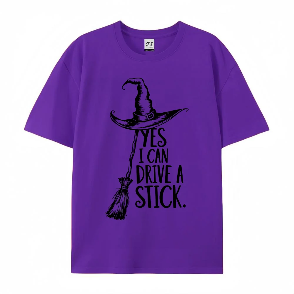 Women Witch Broom T Shirt Yes I Can Drive A Stick Halloween Funny Graphic Tee Short Sleeve Casual  Cotton Top