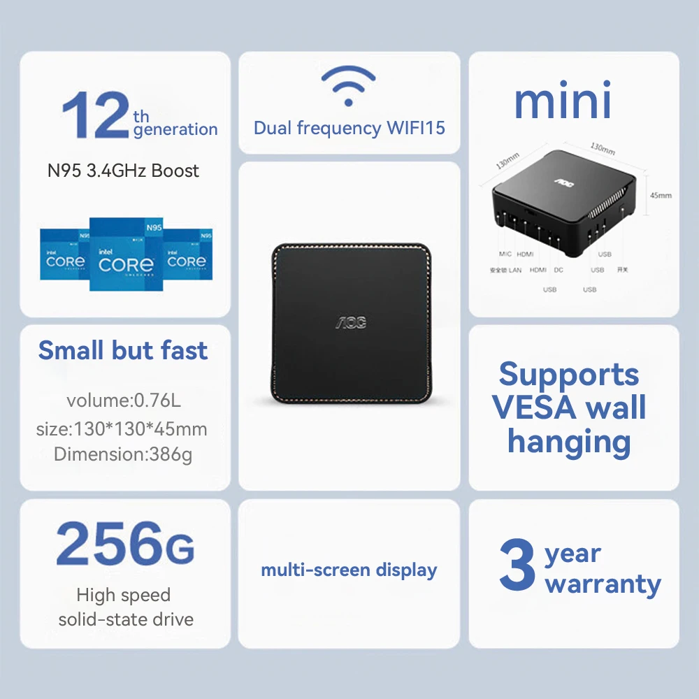 AOC Mini PC MOSS M3 Mini Office Computer N95 8G 256G DDR4 HDMI Dual Band WiFi 4 Core 4 Thread Processor GPU Pocket мини пк PC