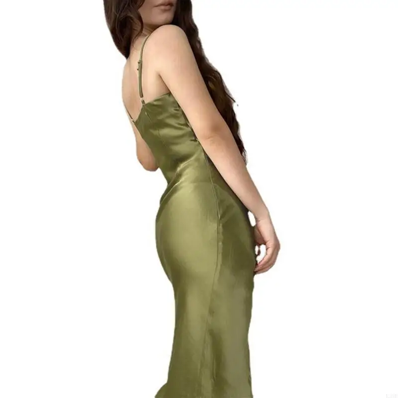 

L38E Women Sexy Cowl Neck Backless Satin Long Dress Wrap Ruched Split Asymmetrical Hem Color Cocktail