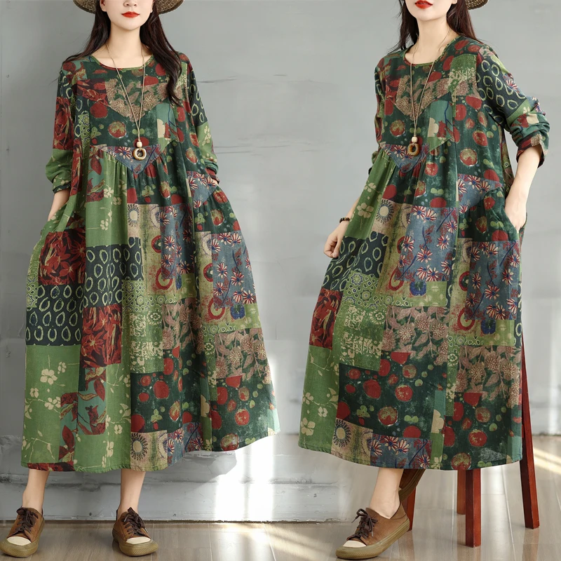 

Retro Cotton Linen Print round Neck Long Sleeve Dress Women Loose plus Size Slimming A-Line Skirt Women City Walk High Waist ...