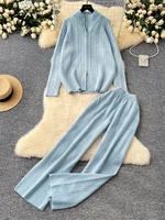 SINGREINY Women Thick Sweater Suits 2024 Zipper Design Loose Pullovers+Elastic Wide Legs Fashion Warm Knitted Two Pieces Sets - Image 2