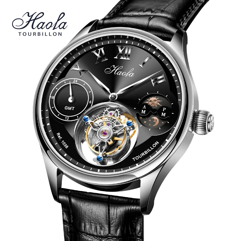 

Haofa GMT Moonphase Tourbillon Мужские часы с сапфировым стеклом Многофункциональные ручные механические наручные часы montre homme Повседневные 1038