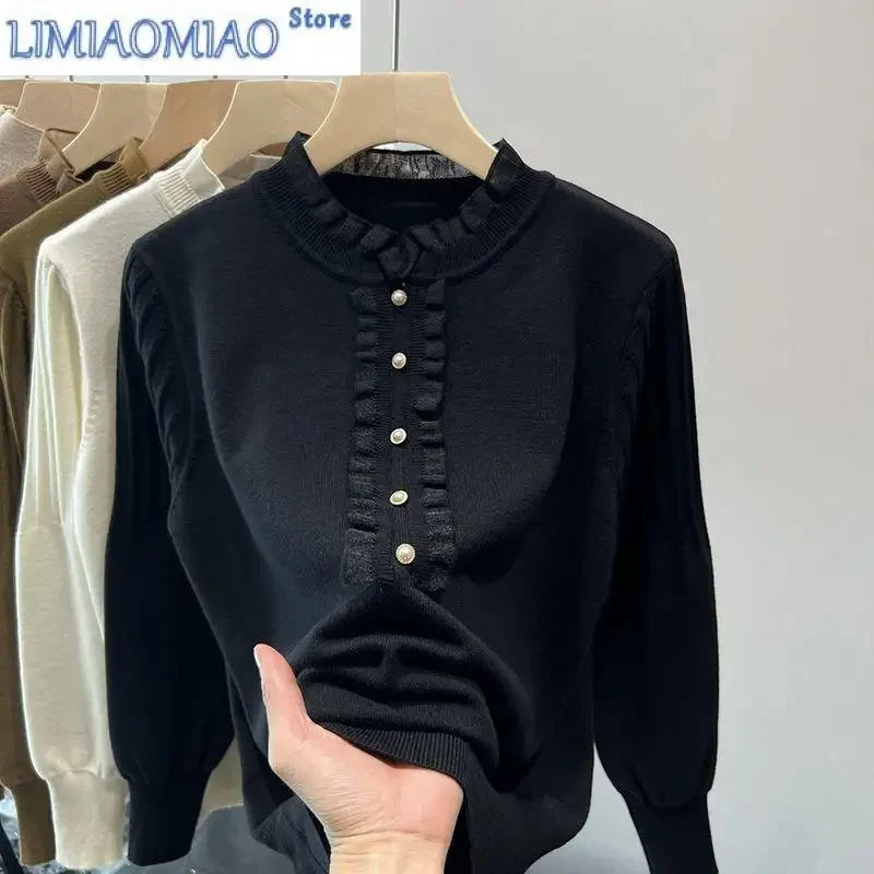 

New Autumn and Winter Fashion Pearl Button Wooden Ear Edge Round Neck Sweater Loose and Versatile Western Women's Knitted Top