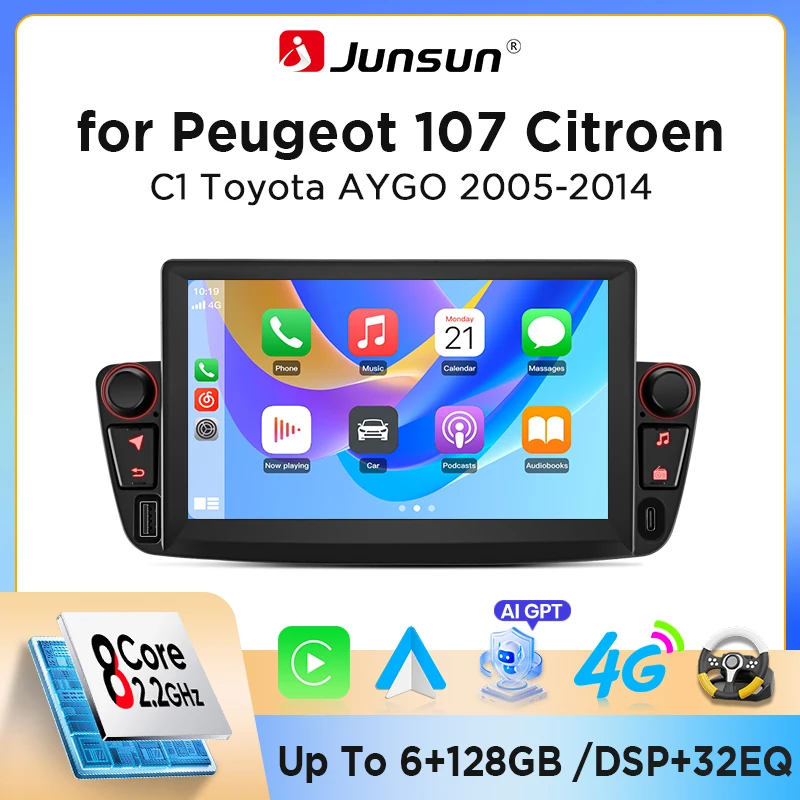 Autoradio Android Junsun per Peugeot 107, Toyota Aygo, Citroen C1 2005-2014, 7" IPS HD Touch, Autoradio Multimediale, CarPlay Wireless, Android Auto, Sistemi Intelligenti, GPS, Navigazione, Bluetooth,