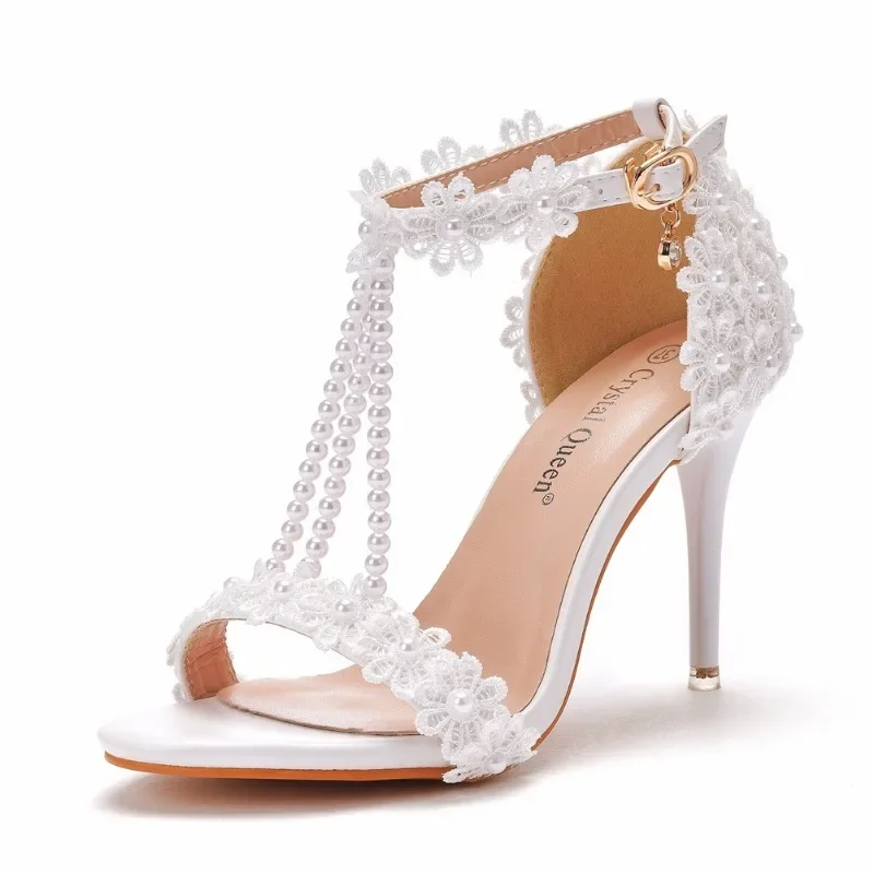 Sexy High Heels Wedding Prom Women Sandals String Bead Buckle Strap PU 9CM Thin Heels Party Prom Korean Style Women Shoes White