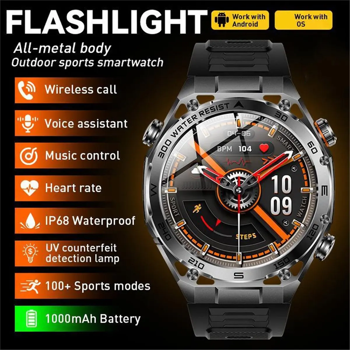 A72U Outdoor Sport Smart Watch for Men with Bluetooth Call,UV Lamp Flashlight,Waterproof,Heart Rate Monitor Health Smartwatch