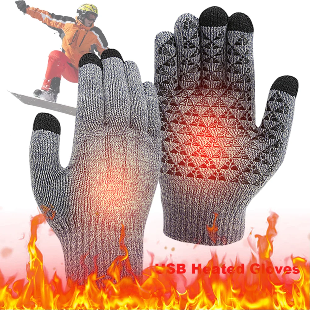 USB Heating Gloves Touch Screen Electric Heated Gloves Knitted Gloves Hand Warmer for Backpacking Mountaineering Riding Camping