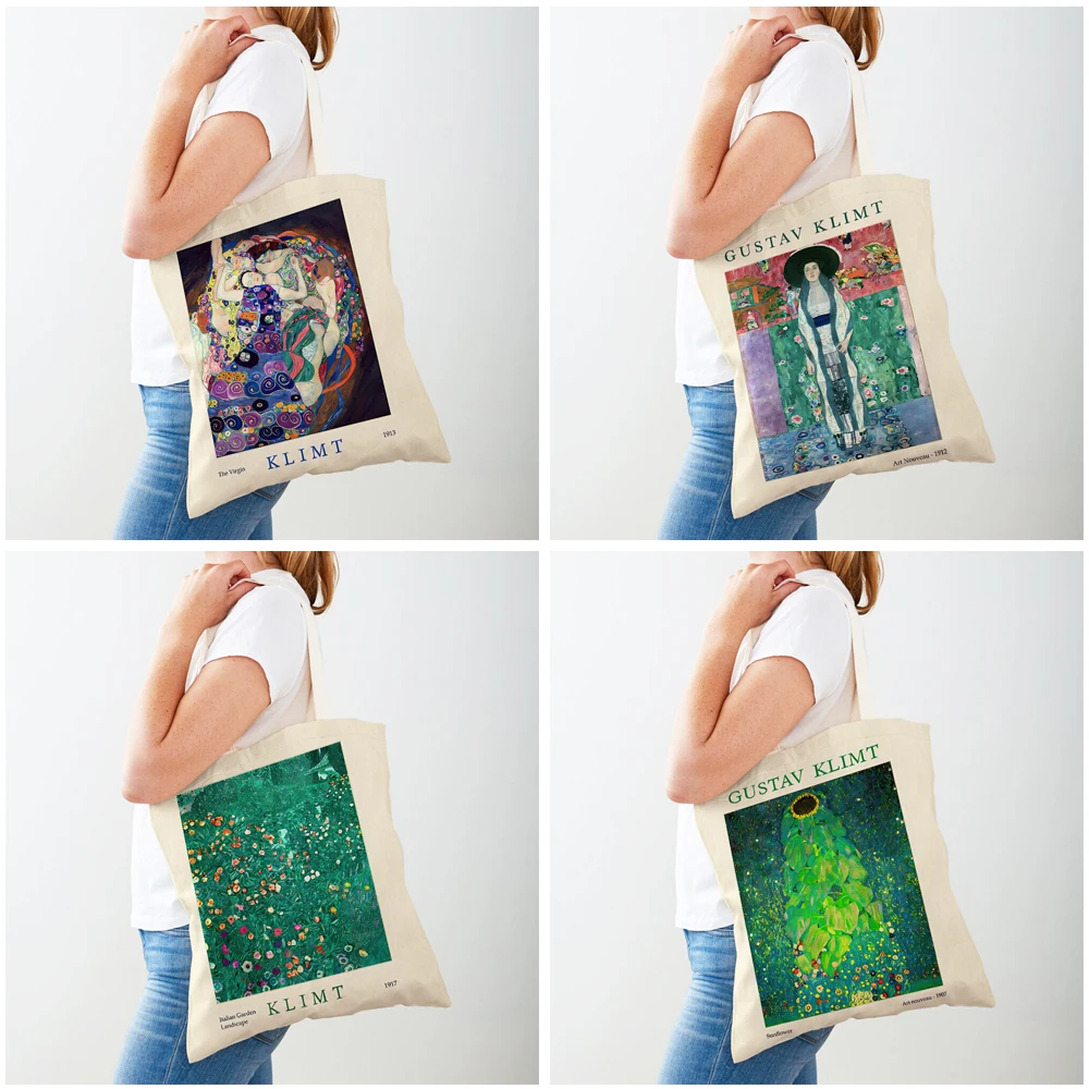 Gustav Klimt Green Flower Garden Flora Shopping Bag Double Print Eco Casual Nordic Shopper Bags Lady Canvas Tote Women Handbag