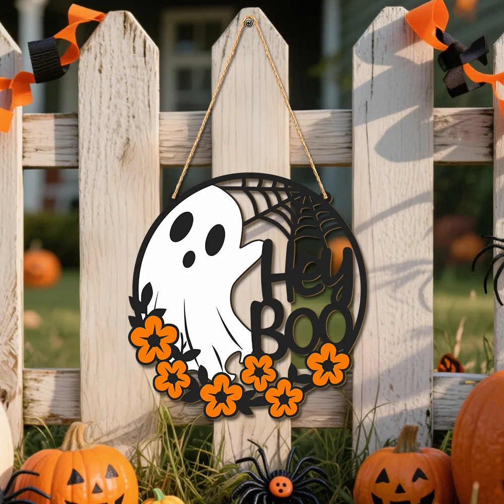 Spoof Ghost Pumpkin Welcome Sign 2D 1PCS Wooden Wall Hanging Halloween Festival Decoration for Farmhouse Apartment Porch Home