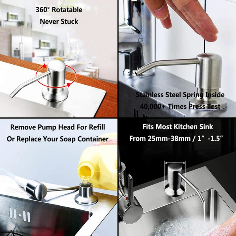 1 Set Stainless Steel Liquid Soap Dispenser Built-in Lotion Pump Extension Tube Fit for 25-36mm Home Bathroom Kitchen Sink Hole