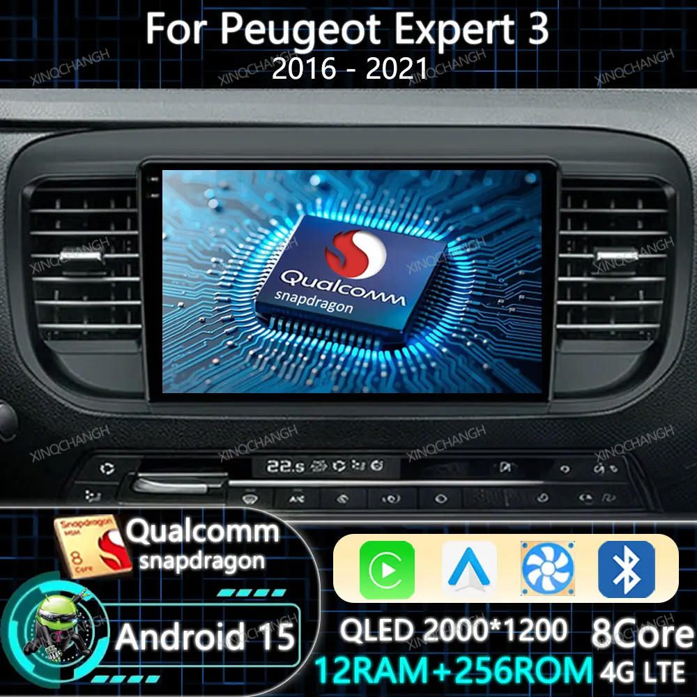 Android 15 Car Radio For Citroen Jumpy 3 2016 - 2021 Peugeot Expert 3 2016 - 2021 QLED 4G LTE 5G WIFI Qualcomm Head Unit GPS BT